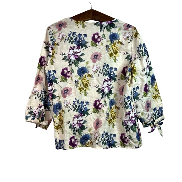 Hester & Orchard Linen Blend Blouse Floral Button Closure Tie sleeve Size L - Picture 2 of 9